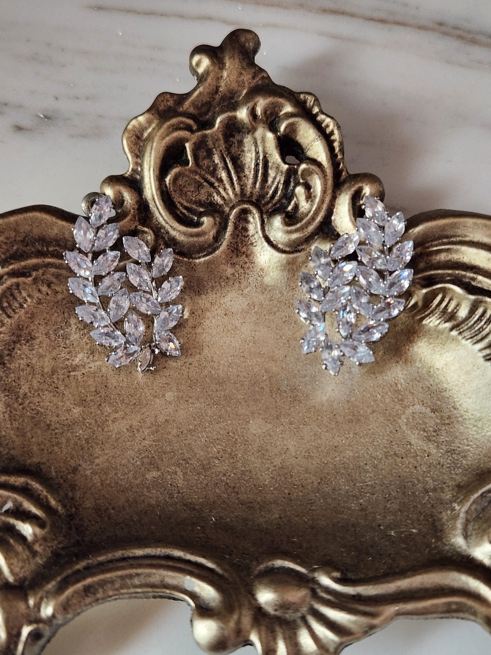 Crystal Leaf Cluster Earrings - Gold Tone